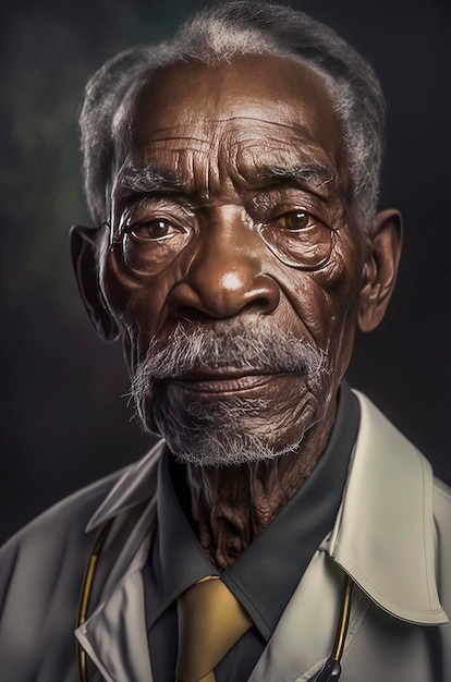 Ilustración generativa de IA del retrato de un viejo médico negro con bata