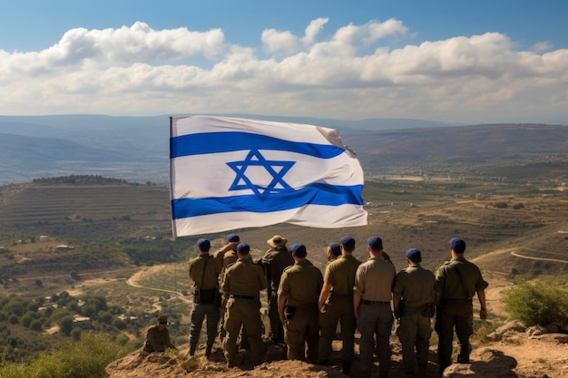 Ilustración generativa de IA de soldados del ejército israelí que portan una bandera israelí en la Franja de Gaza en la Guerra Palestina-Israel