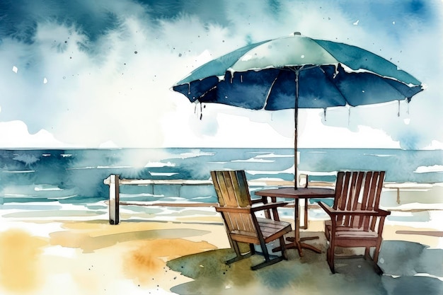 Ilustración generativa de IA de una sombrilla solitaria en la playa con una mesa en la arena y dos sillas