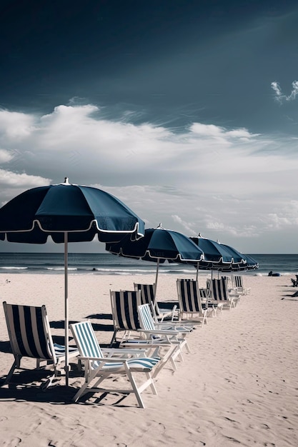 Ilustración generativa de IA de una sombrilla solitaria en la playa con una mesa en la arena y dos sillas