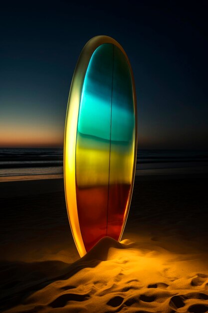 Ilustración generativa de IA de una tabla de surf de colores vivos atrapada en la arena de una playa durante las vacaciones