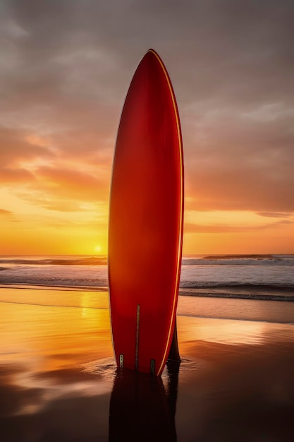 Ilustración generativa de IA de una tabla de surf de colores vivos atrapada en la arena de una playa durante las vacaciones