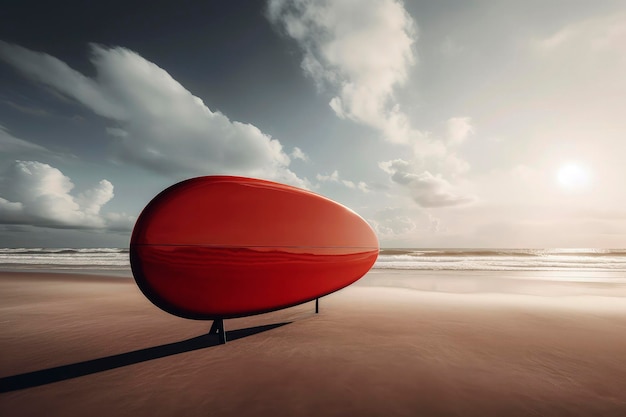 Ilustración generativa de IA de una tabla de surf de colores vivos atrapada en la arena de una playa durante las vacaciones