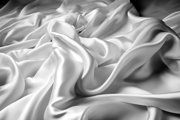 Ilustración generativa de IA de tela satinada Pure White flotando en el aire desde arriba con movimiento sobre fondo blanco