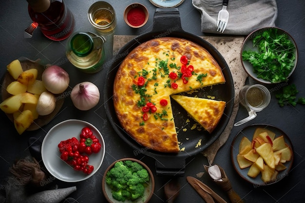 Ilustración generativa de IA de tortilla de patatas española poco cocida y ensalada verde y rojapancervezahuevospatataspimientos salados y verdescuencos de salsasperejil