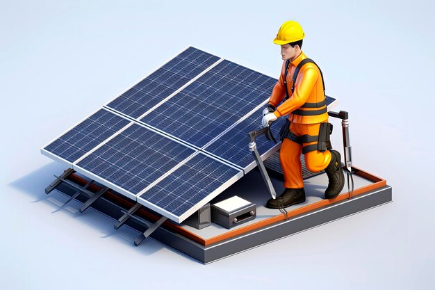 Ilustración generativa de IA de un trabajador instalando paneles solares en el techo de una casa en estilo de dibujos animados en 3D Energía limpia y renovable