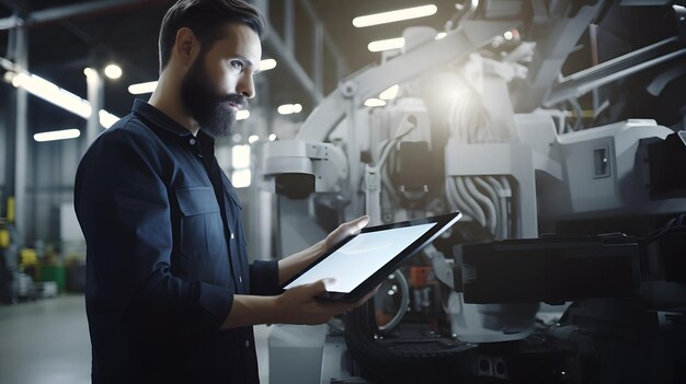 Foto ilustración generativa de ia de un trabajador masculino que usa un robot de control de tabletas en la fábrica