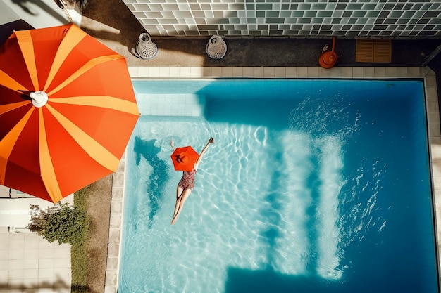 Ilustración generativa de IA de la villa de la piscina estilo de arquitectura de colores vivos dama nadadora saltando con rojo