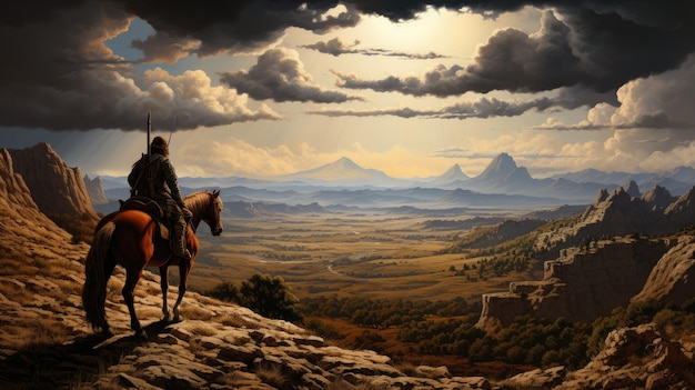 Ilustración generativa de un jinete en la cima de una colina camino detallado hacia arriba de la colina vasto paisaje