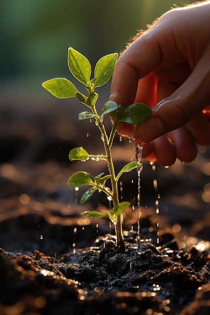 Ilustración generativa de una mano sosteniendo agua y regando un árbol joven para crecer en el parque al atardecer