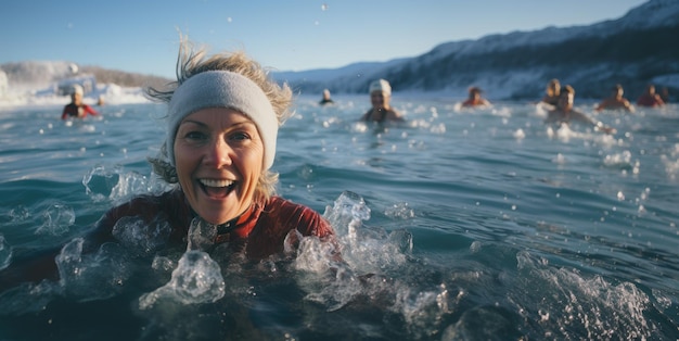 Ilustración generativa de una mujer caucásica madura nadando en un lago helado en invierno