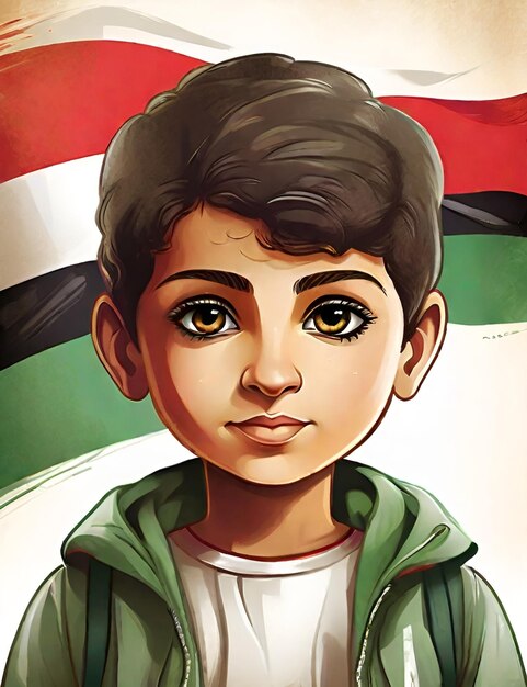 Una ilustración generativa de un niño con una bandera de Palestina en el fondo