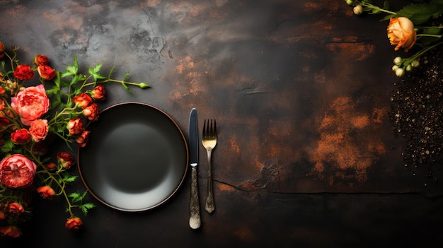 Ilustración generativa de un plato negro vacío con cubiertos sobre un fondo de hormigón oscuro