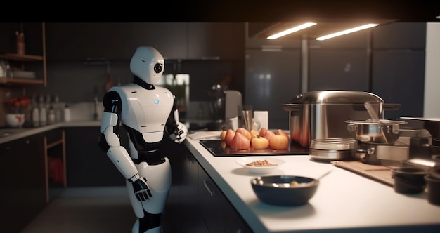 Ilustración generativa de un robot caminando por la cocina por la noche