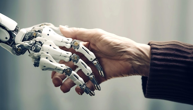 Ilustración generativa de un robot sosteniendo la mano de una persona madura irreconocible