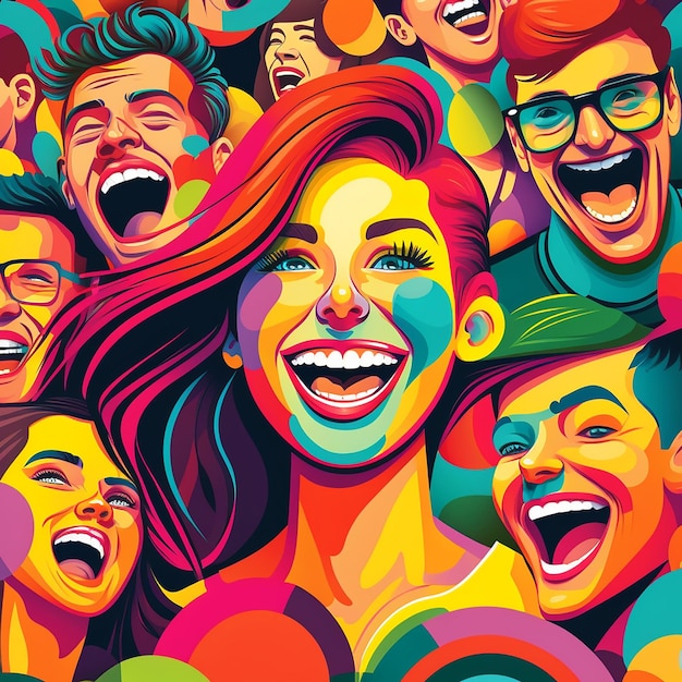 Ilustración de gente chica riendo estilo colorido brillante alegre y divertido IA generativa