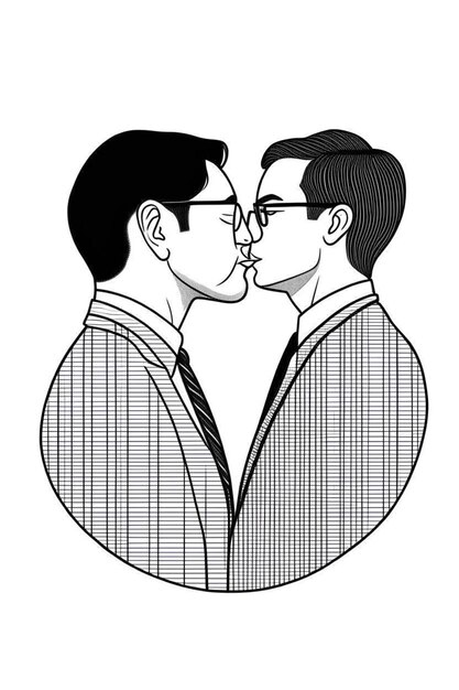 Ilustración geométrica en blanco y negro de una pareja homosexual besándose el concepto de amor lgtb