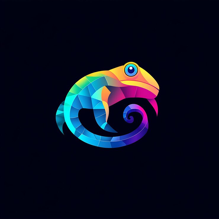 Foto ilustración geométrica dinámica que destaca un camaleón vibrante en colores llamativos
