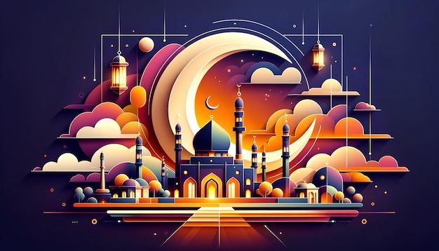 Ilustración geométrica de la mezquita y la gran media luna para el ramadán