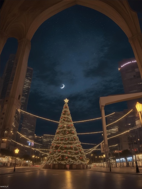 Ilustración de un gigantesco árbol de Navidad en una ciudad