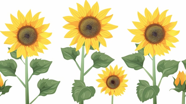 Una ilustración de girasoles creciendo flores de girasol amarillas en tallos y tallos Agricultura cultivo floral verdura de semilla natural Ilustración moderna plana aislada