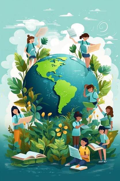 Foto ilustración de un globo rodeado de diversos niños que sostienen plantas y herramientas educativas