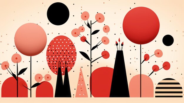 una ilustración de globos y árboles rojos y negros