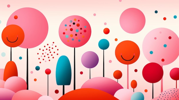 una ilustración de globos coloridos y árboles sobre un fondo rosa