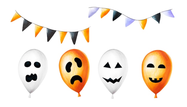 Ilustración de globos de Halloween de acuarela con caras de miedo y banderas festivas Pintura a mano naranja b