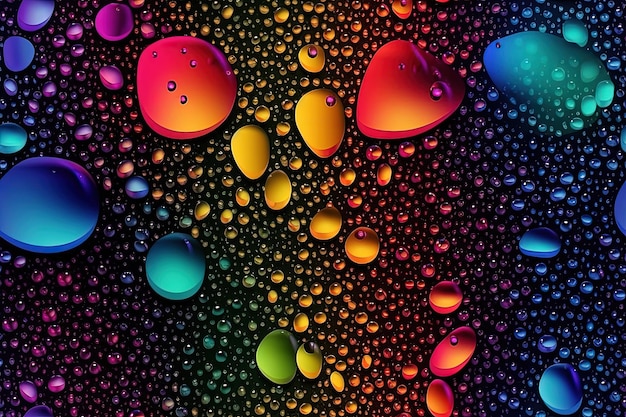 Ilustración de gotas de agua de colores sobre un fondo negro creado con tecnología de IA generativa