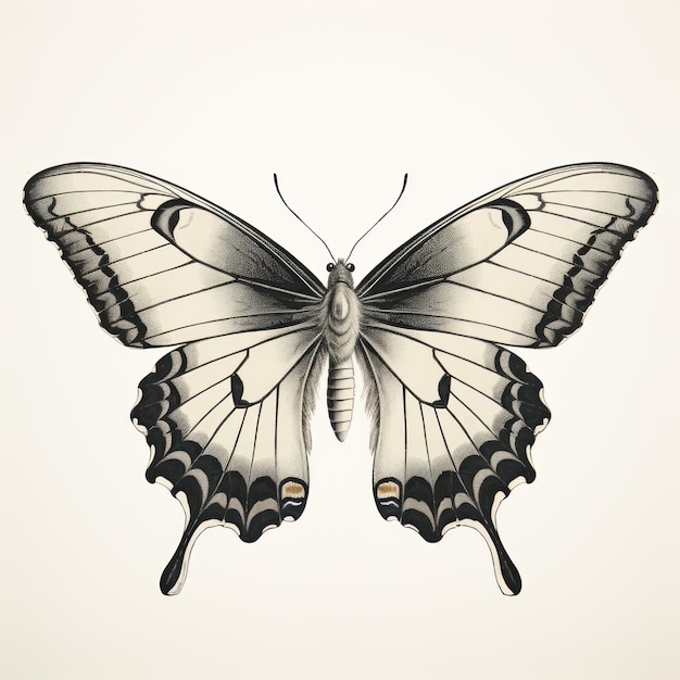 Foto ilustración gótica de mariposa cola de golondrina en fondo blanco