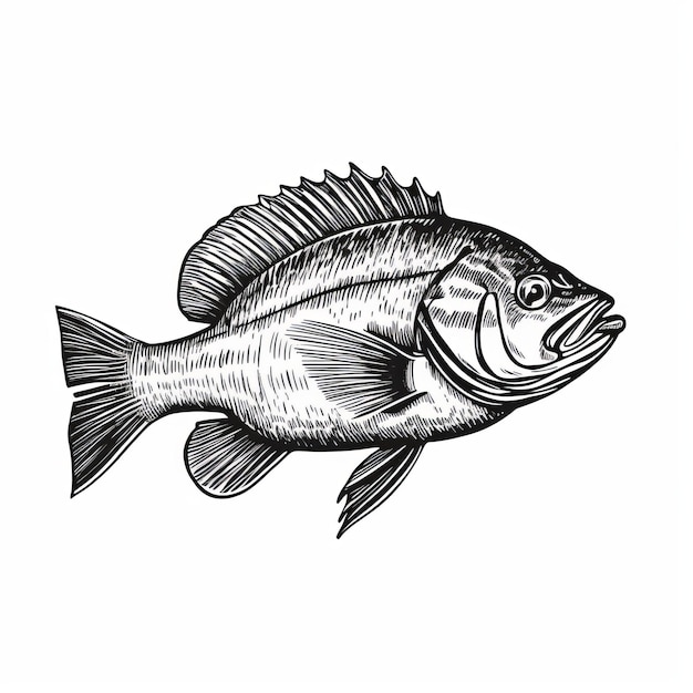 Ilustración grabada en fondo blanco de un pez marino de boca grande