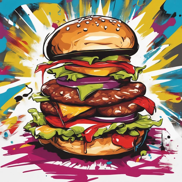 Ilustración de graffiti colorido de hamburguesa con carne deliciosa