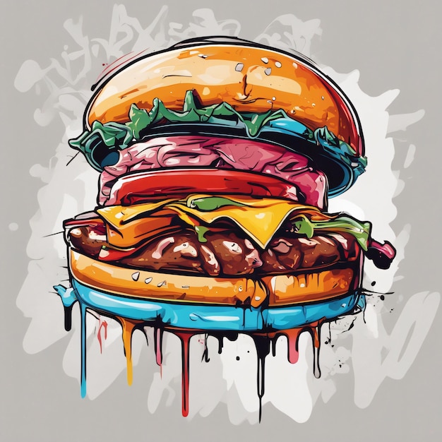 Ilustración de graffiti colorido de hamburguesa con carne deliciosa