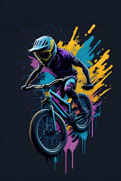 Ilustración de graffiti colorido de un motociclista BMX con un salto de pintura colorido en el fondo