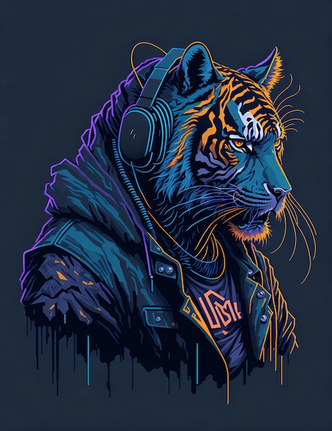 Ilustración de graffiti colorido de un tigre como DJ usando auriculares colores vibrantes Arte digital