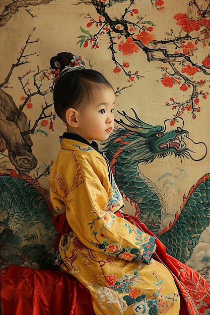 Una ilustración gráfica de un bby montando un dragón del zodiaco chino