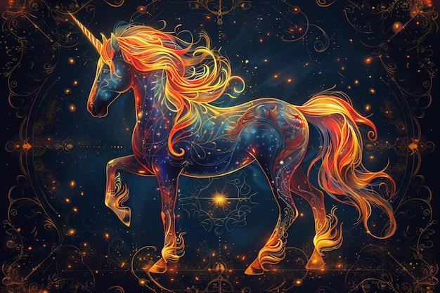 Ilustración gráfica de un caballo unicornio en un fondo de mandala ar 32 estilo crudo estilizar 1000