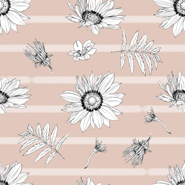 Ilustración gráfica dibujada a mano con lápiz con un patrón sin costuras de flores vintage