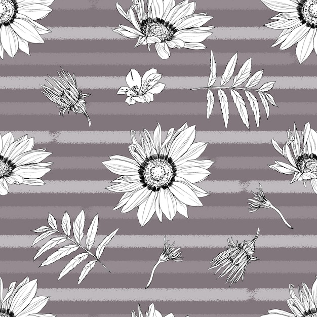 Ilustración gráfica dibujada a mano con lápiz con un patrón sin costuras de flores vintage