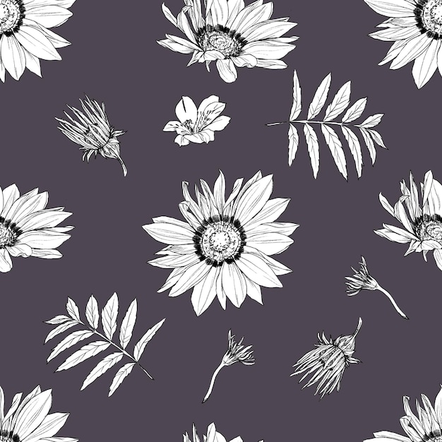 Ilustración gráfica dibujada a mano con lápiz con un patrón sin costuras de flores vintage