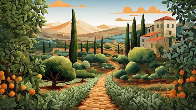 Ilustración gráfica de un jardín de la Toscana