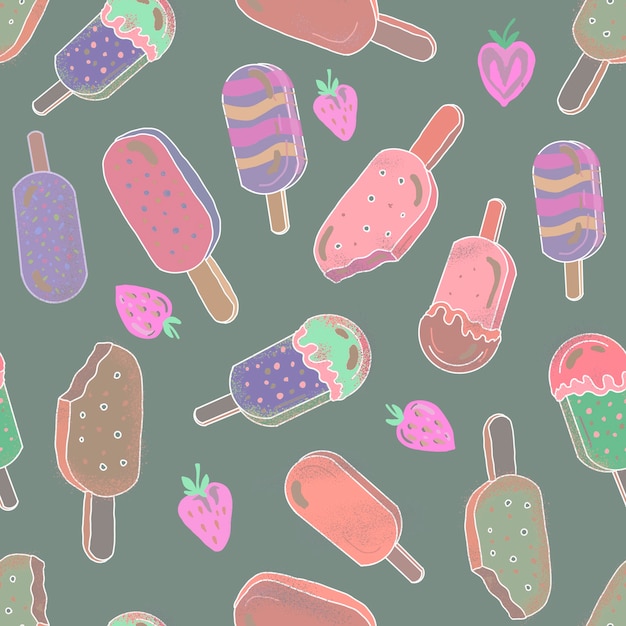 Ilustración gráfica de postre helado dibujado a mano impresión textil dulces verano hielo transparente
