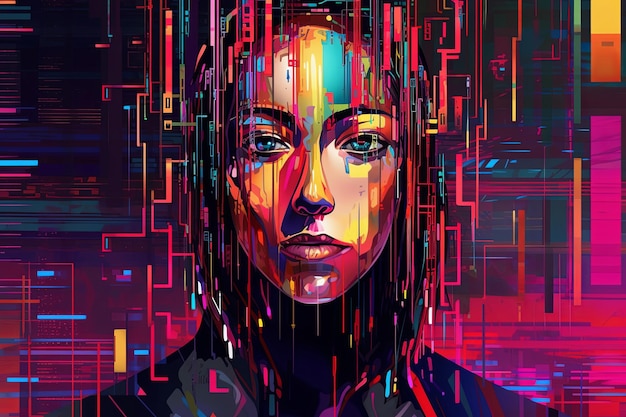 Ilustración gráfica de retrato oscuro ambiental glitchy colorido