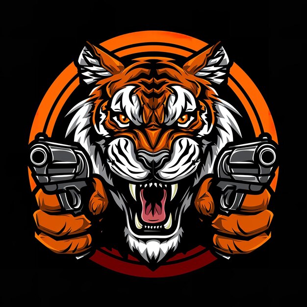 Foto una ilustración gráfica con un tigre de aspecto feroz sosteniendo dos armas el tigre tiene pelaje naranja