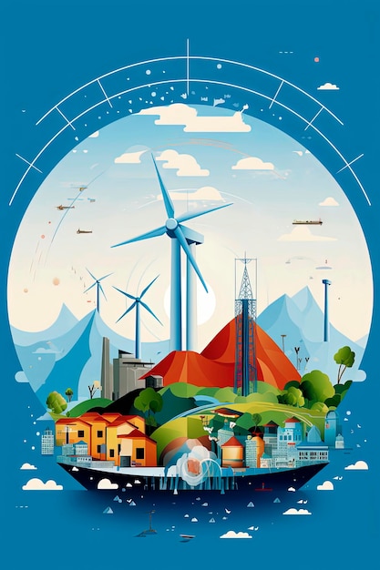 Ilustración gráfica vectorial generativa de AI que representa el concepto de medio ambiente de reciclaje de energía eólica de energía renovable y energía limpia