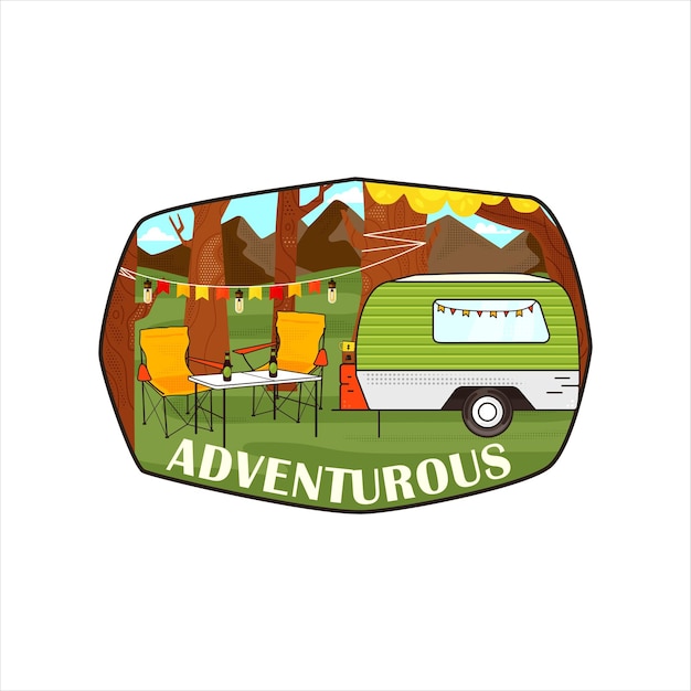 Ilustración para el gráfico de la caravana estacionada en el bosque y la inscripción Aventurero sobre fondo blanco