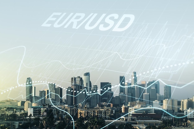 Ilustración de gráfico financiero virtual abstracto EURO USD en el fondo del horizonte de Los Ángeles Concepto de comercio y moneda Multiexposición