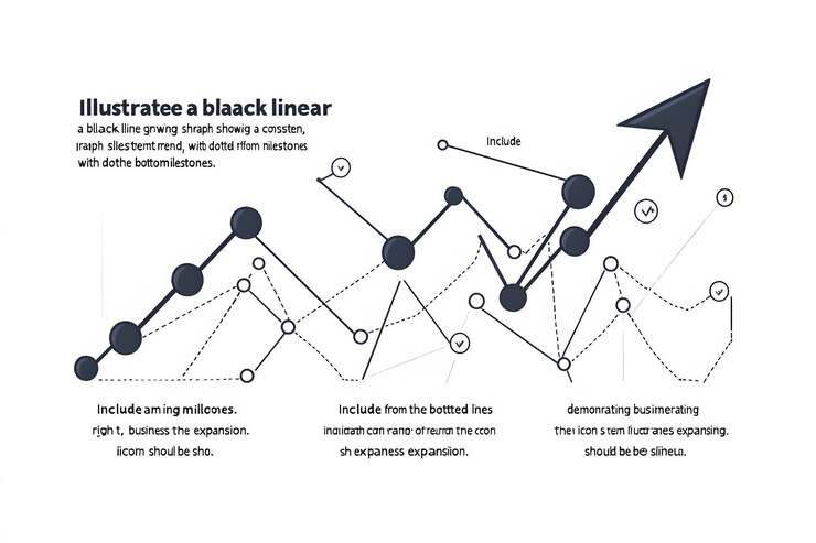 Foto ilustración de un gráfico lineal negro con círculos y flechas que muestran el crecimiento