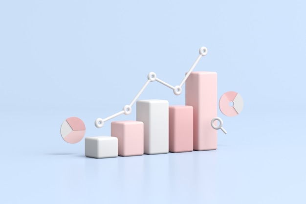 Ilustración del gráfico de negociación de acciones, gráfico de estrategia de crecimiento, concepto de negocio. Representación 3D.